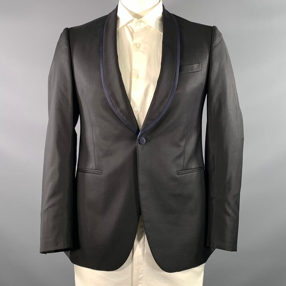 FENDI Chest Size 40 Black Navy Solid Wool Shawl Collar Sport Coat